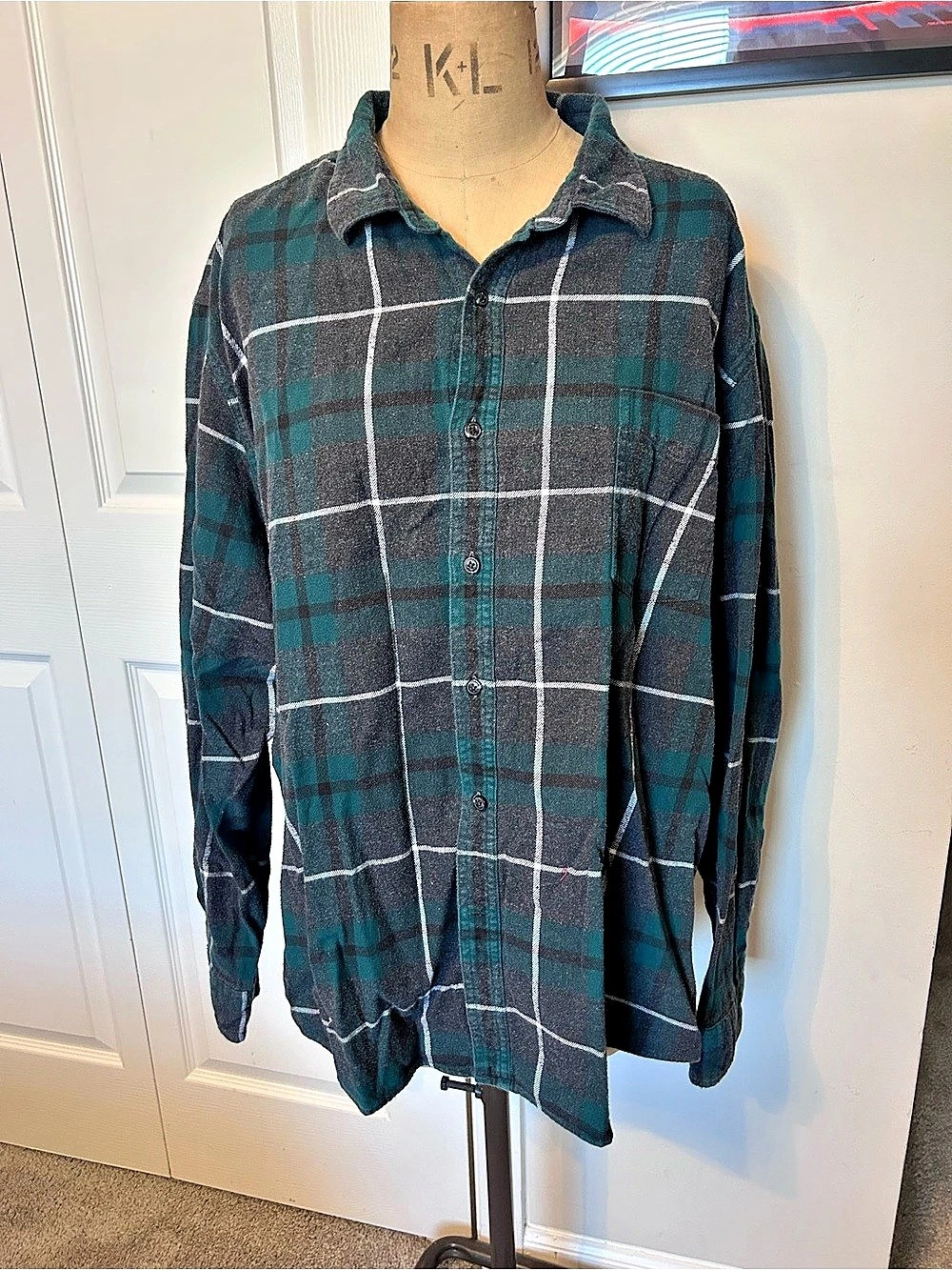 Amazon Essentials Plaid Cotton Button Down Green & Gray Size XL
